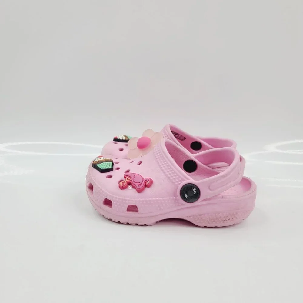 Crocs Girls' Candy Pink Classic Slip-On Clogs w/ Ice-cream Flamingo Charm Size 7